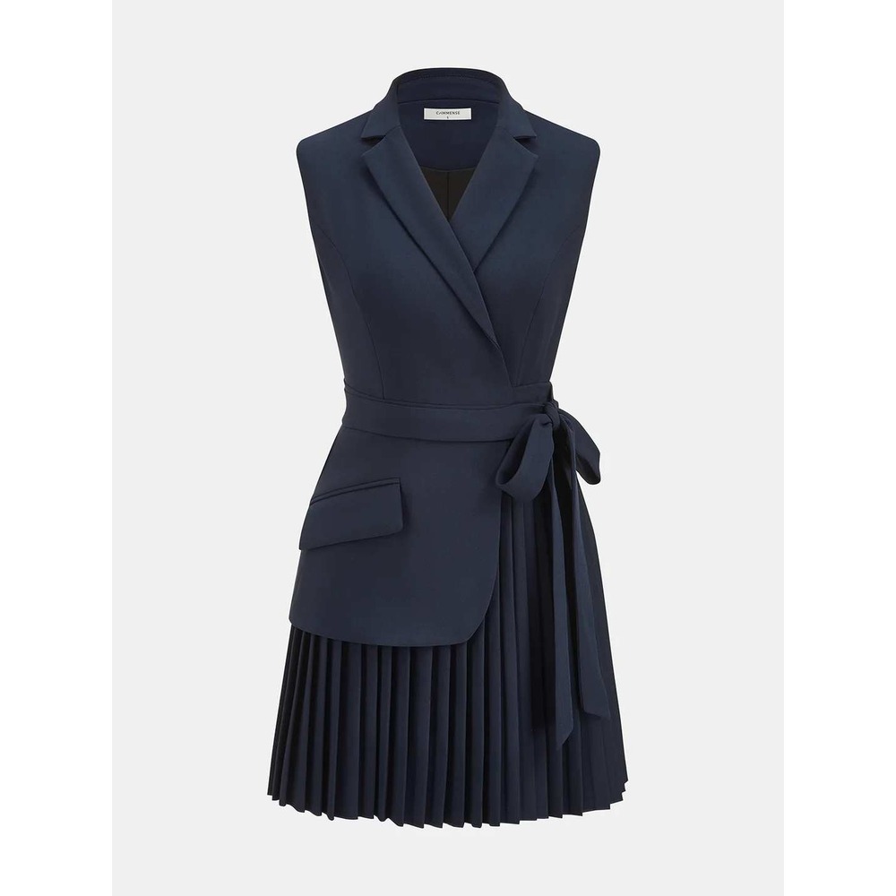 Commense Sleeveless Pleated Wrap Blazer Dress Navy Blue XS NWT - Picture 3 of 9